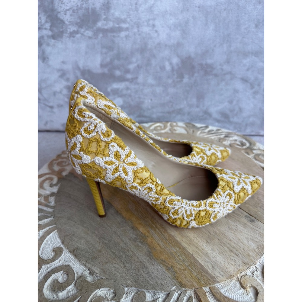 Sam Edelman Hazel Mustard Yellow White Floral Crochet Pointed Toe Pumps Heels - Picture 2 of 5